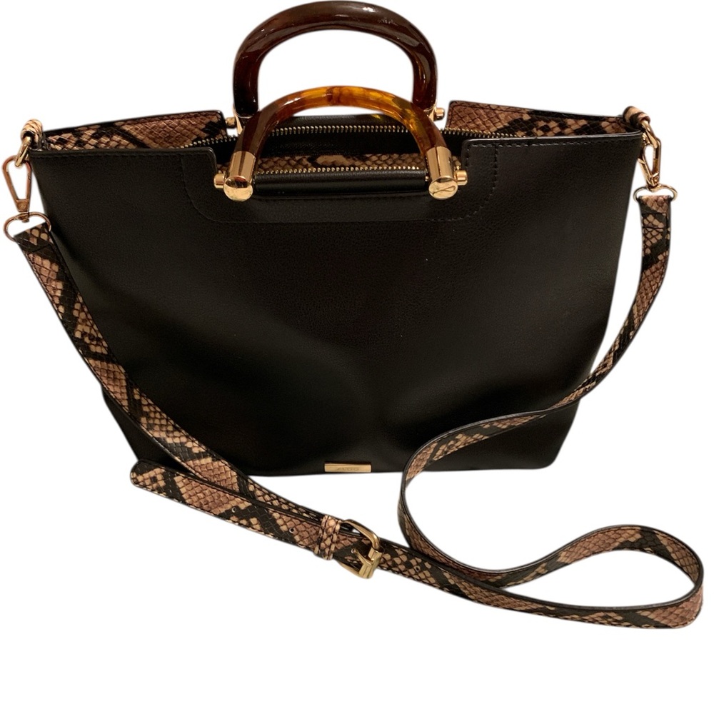 Aldo Black Tote with Brown Snake-Print Strap and Tortoiseshell Handles